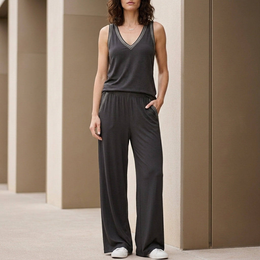 Duttini | Timeless Relaxed V-Neck Sleeveless Lounge Set With Wide-Leg Pants
