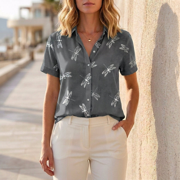 Duttini | Luxe Dragonfly Print Button-Front Relaxed Collar Blouse