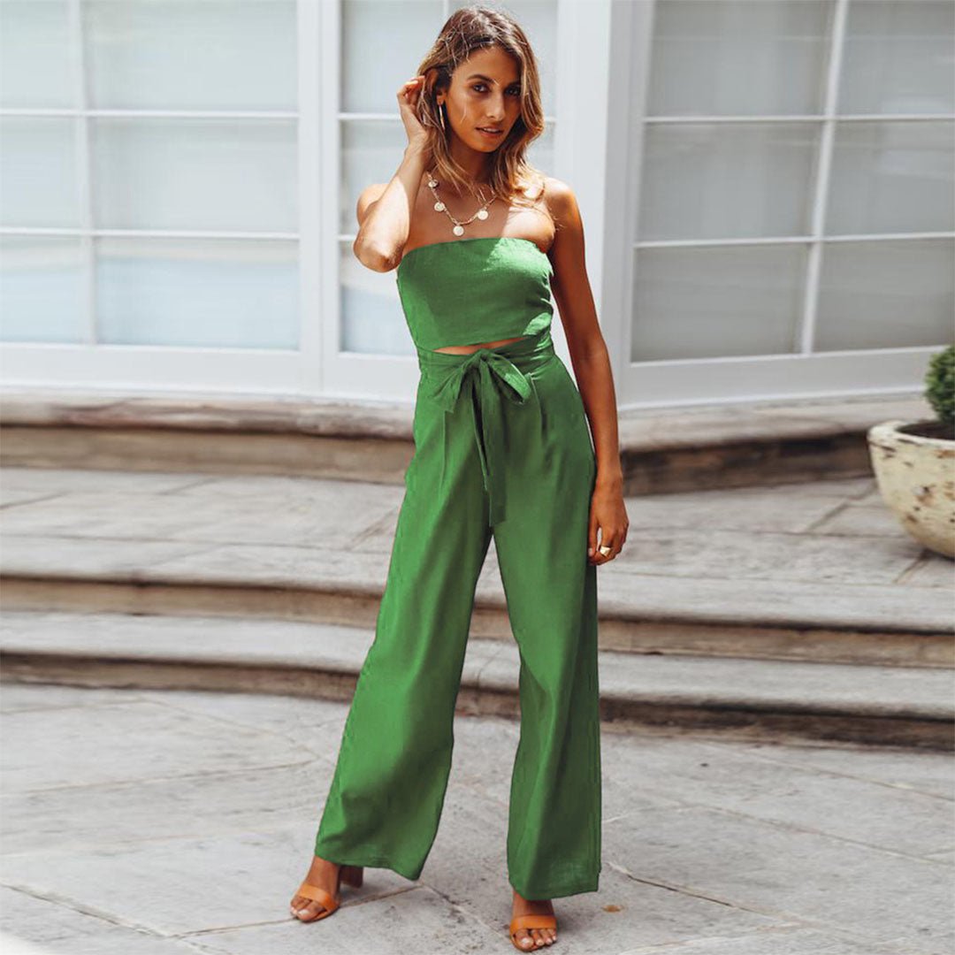Duttini | Modern Strapless Tie Waist Wide Leg Jumpsuit
