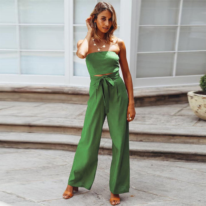 Duttini | Modern Strapless Tie Waist Wide Leg Jumpsuit