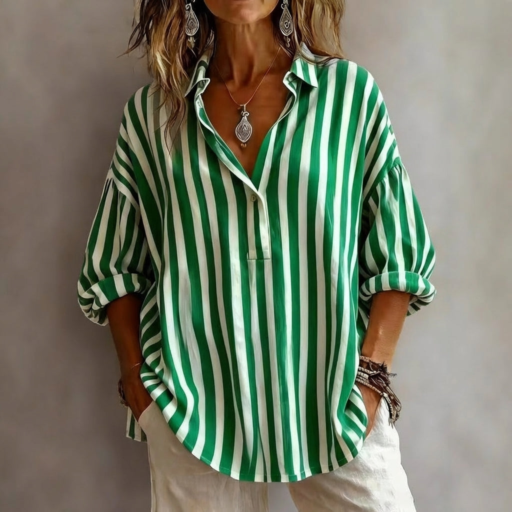 Duttini | Timeless Relaxed Striped V-Neck Shirt Blouse With Rolled 3/4 Sleeves
