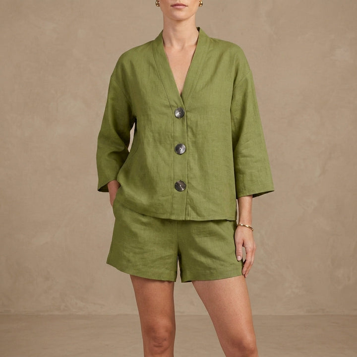 Duttini | Elegant Oversized Button Detail Lounge Set With Relaxed Shorts