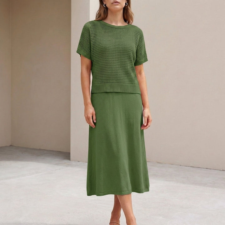 Duttini | Flowing Midi Dress And Cropped Open-Knit Mesh Top Set