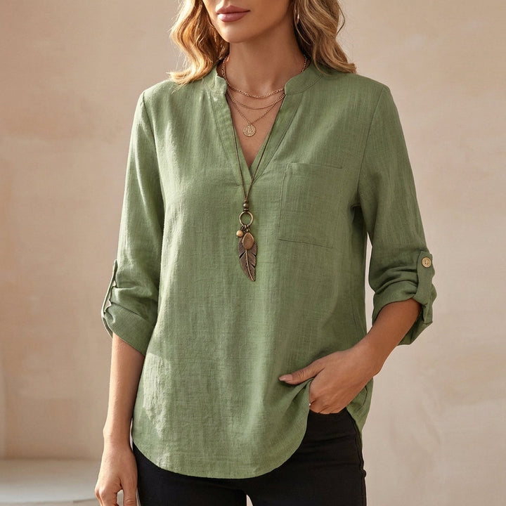 Duttini | Chic Relaxed V-Neck Cotton Linen Tunic Blouse With Roll-Up Sleeves
