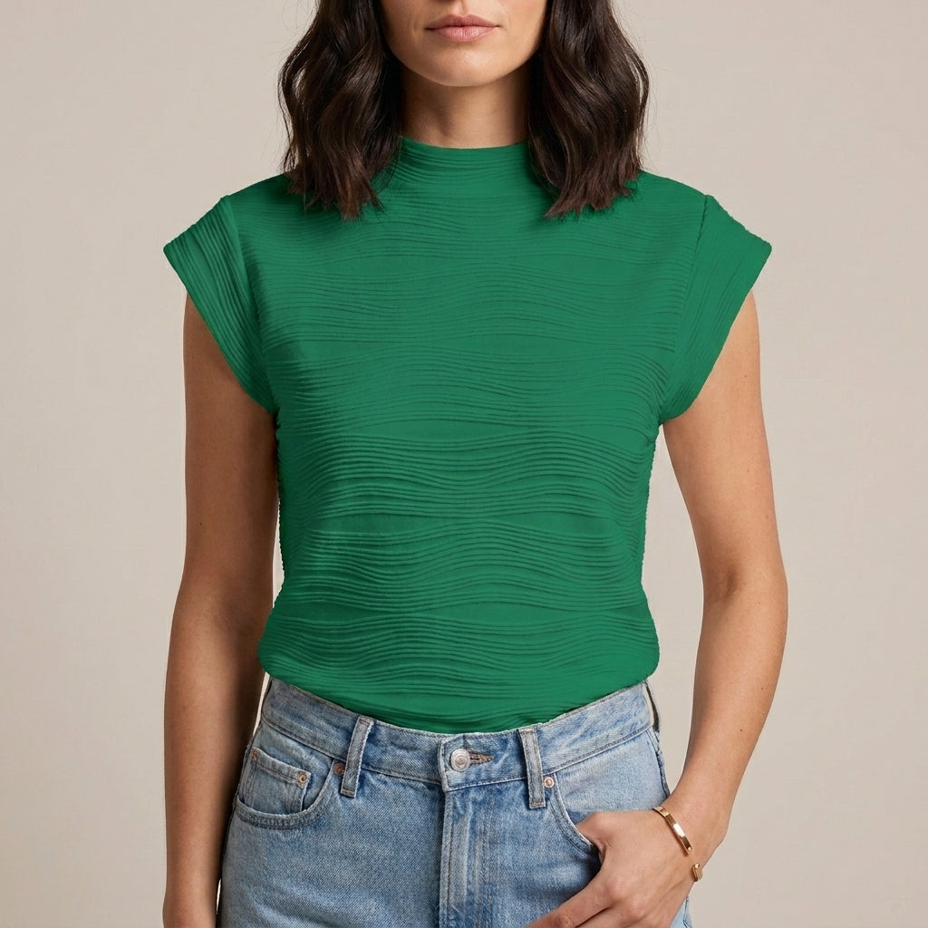 Duttini | Refined Textured Mock Neck Cap Sleeve Top With Sculpted Silhouette