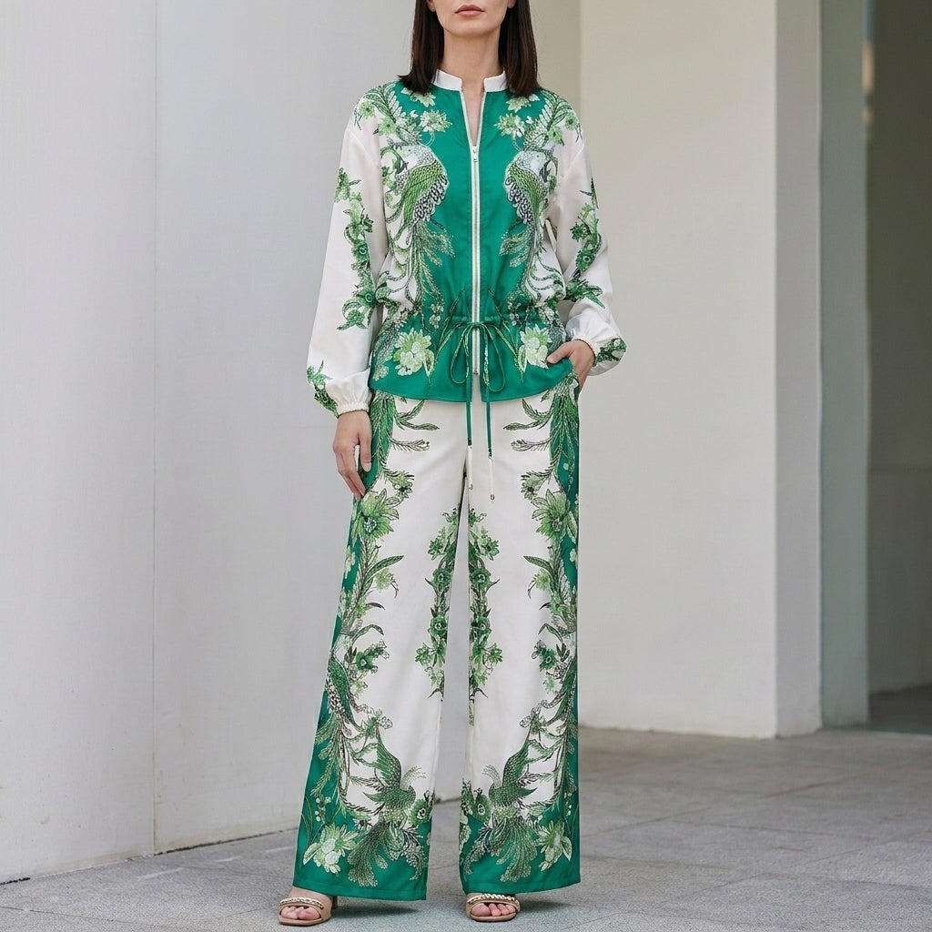 Duttini | Feminine Botanical Zip-Front Top And Wide-Leg Pants Ensemble