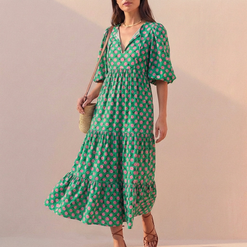 Duttini | Elegant Flowing V-Neck Midi Dress With Puff Sleeves And Tiered Skirt