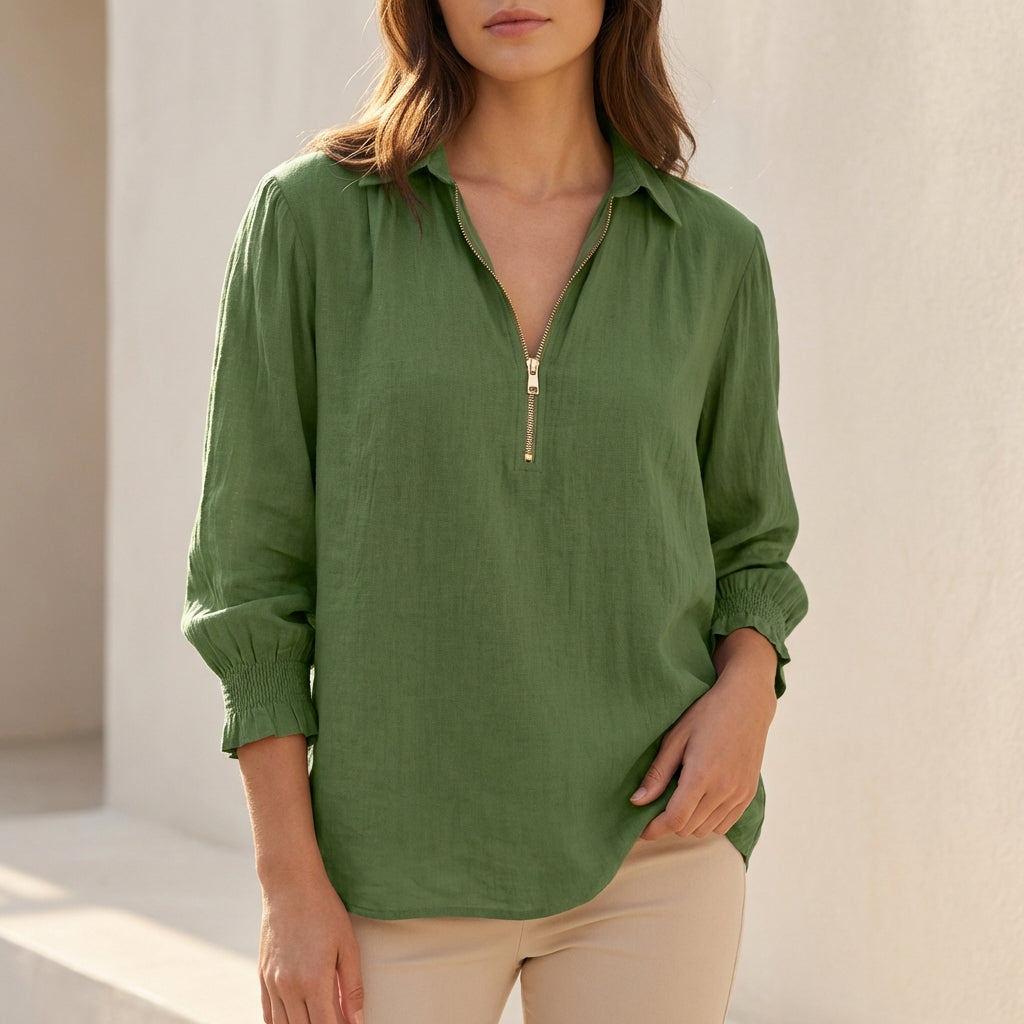 Duttini | Modern Linen Oversized Zip-Up Blouse With Gathered Cuffs And Relaxed Silhouette