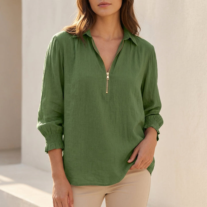 Duttini | Modern Linen Oversized Zip-Up Blouse With Gathered Cuffs And Relaxed Silhouette