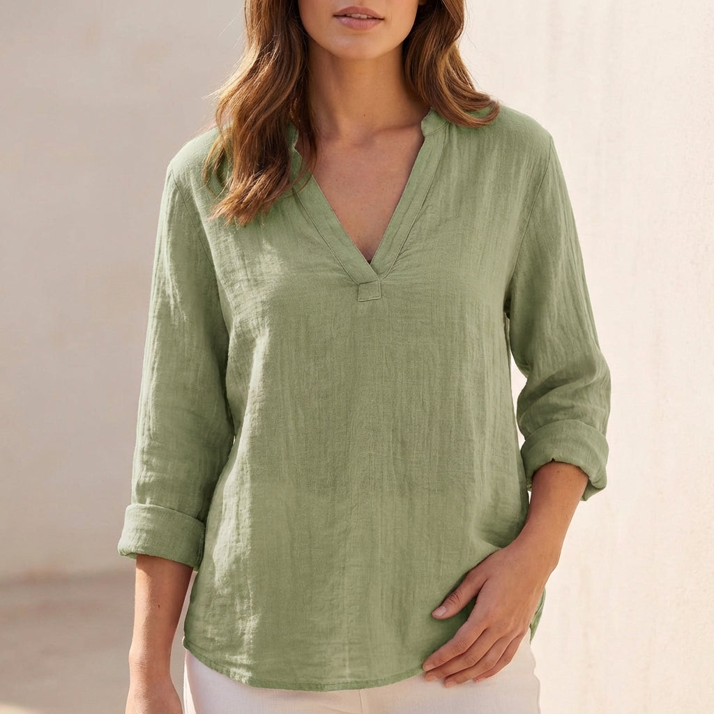 Duttini | Sophisticated Relaxed Cotton Linen V-Neck Pullover Blouse With Textured Finish