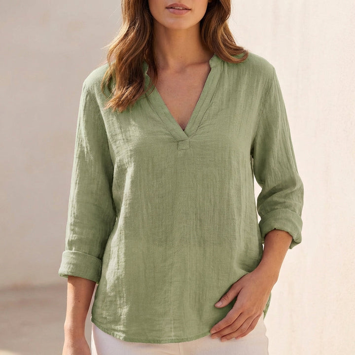Duttini | Sophisticated Relaxed Cotton Linen V-Neck Pullover Blouse With Textured Finish