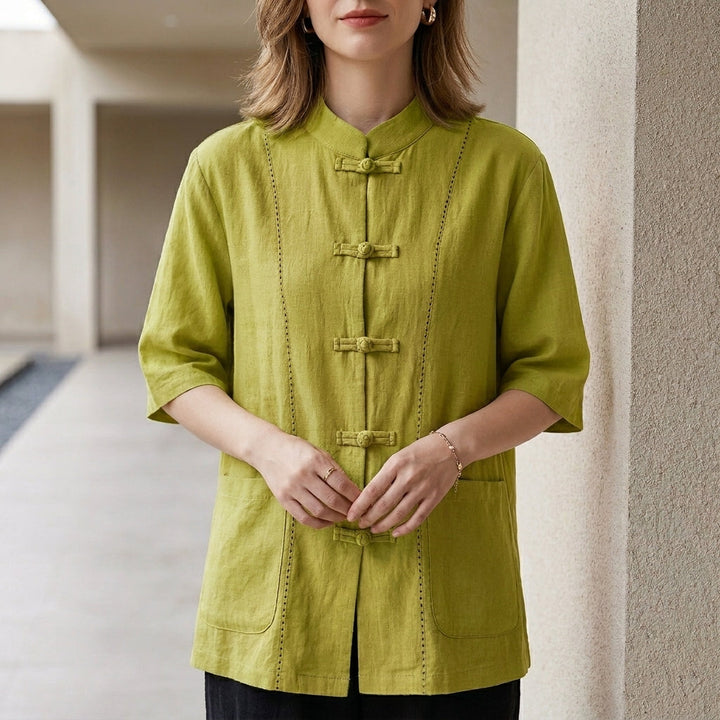 Duttini | Graceful Minimalist Mandarin Collar Blouse With Elegant Knot Button Detail