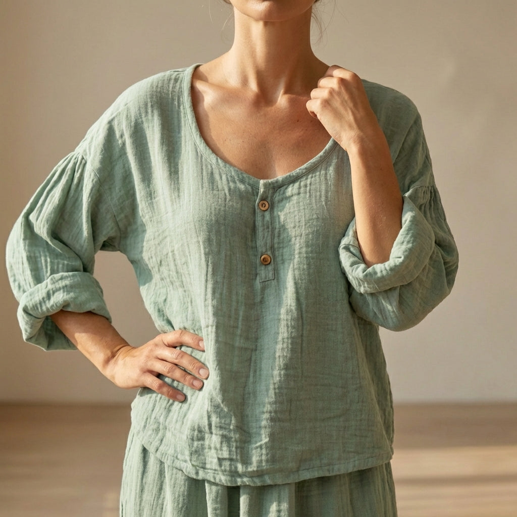 Duttini | Chic Relaxed V-Neck Cotton Blend Blouse With Textured Volume Sleeves