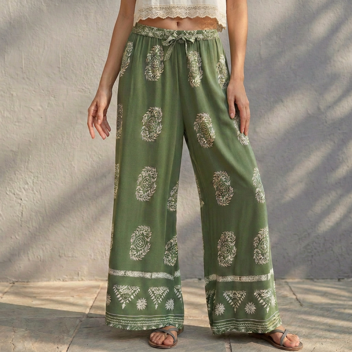 Duttini | Flowing Wide-Leg Floral & Geometric Patterned Ankle-Length Pants