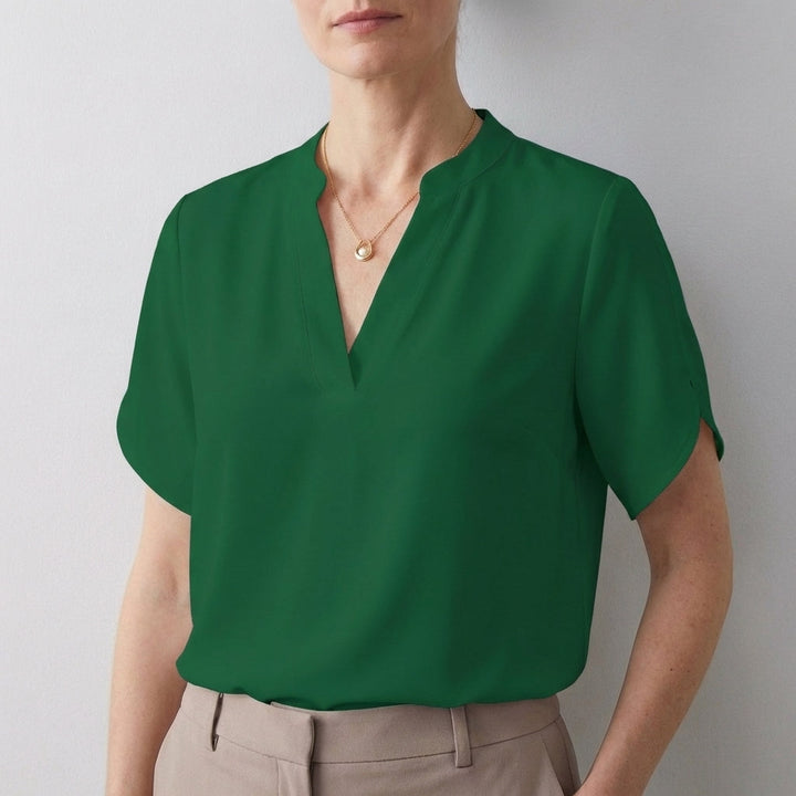Duttini | Statement Dionne Relaxed V-Neck Blouse With Band Collar And Split Sleeves