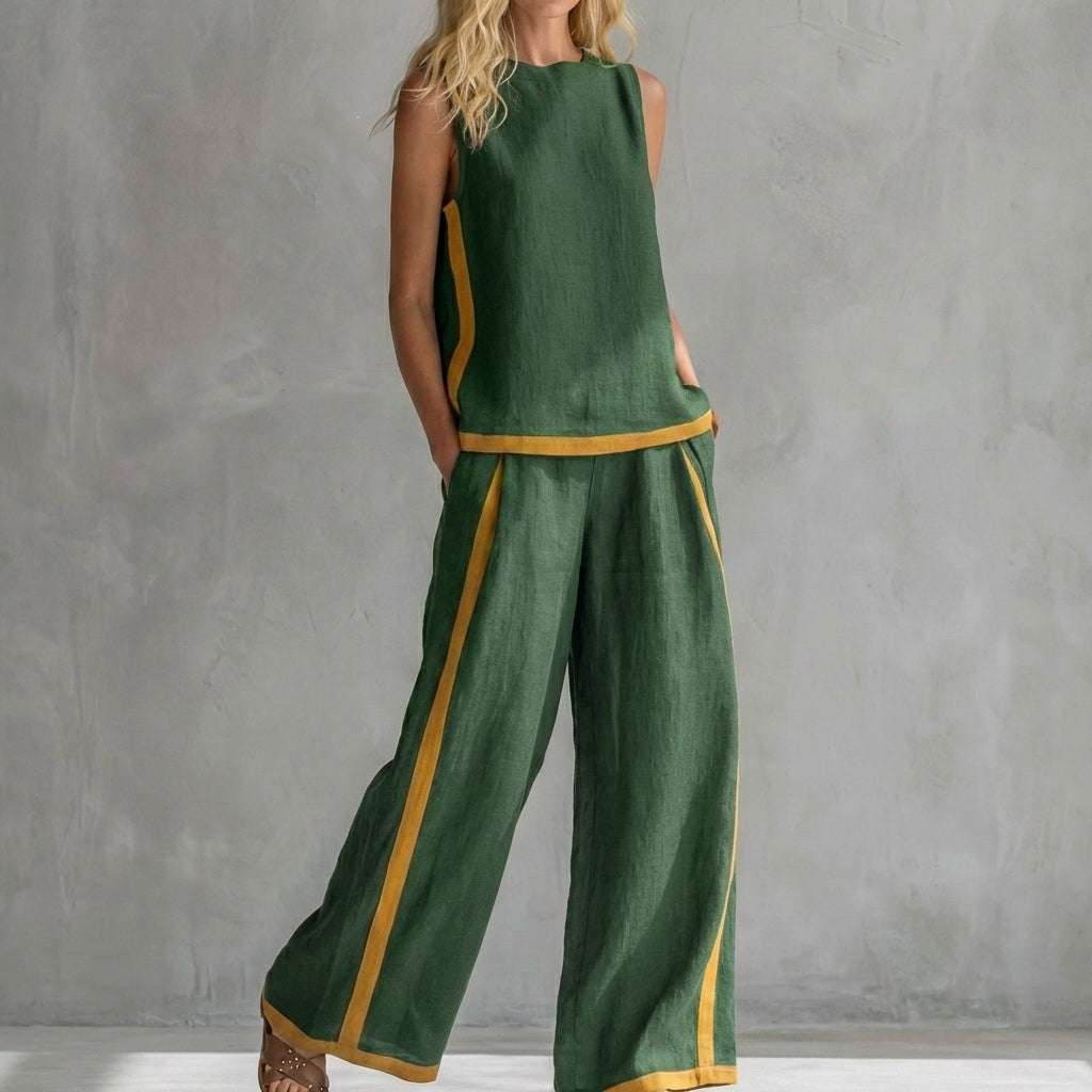 Duttini | Timeless Contemporary Sleeveless Two-Piece Set With Wide-Leg Trousers And Contrast Trim