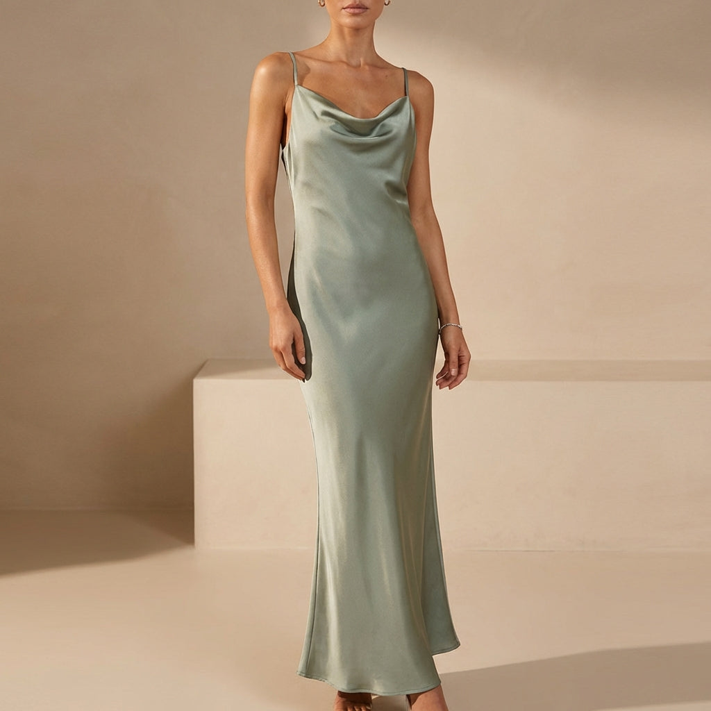 Duttini | Sophisticated Satin Fitted Cowl Neck Maxi Dress With Spaghetti Straps For Evenings