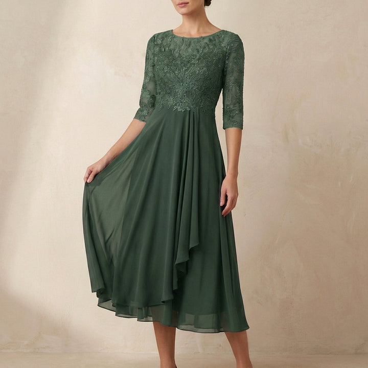Duttini | Elegant Embroidered A-Line Midi Dress With Sheer Sleeves And Pockets