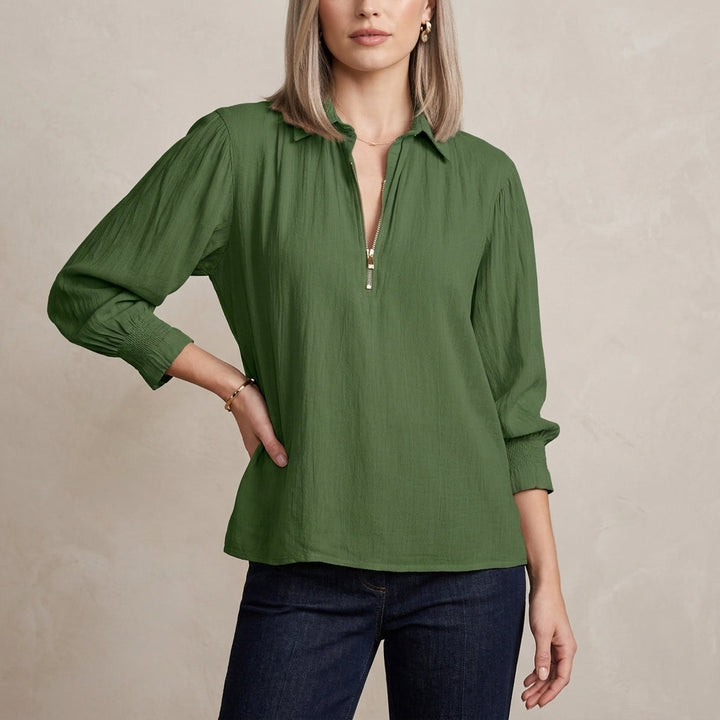 Duttini | Chic Relaxed Fit Half-Zip Pullover Blouse With Gathered Shoulders