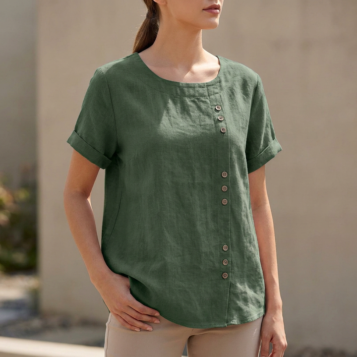 Duttini | Statement Relaxed Short Sleeve Blouse With Asymmetric Button Detail