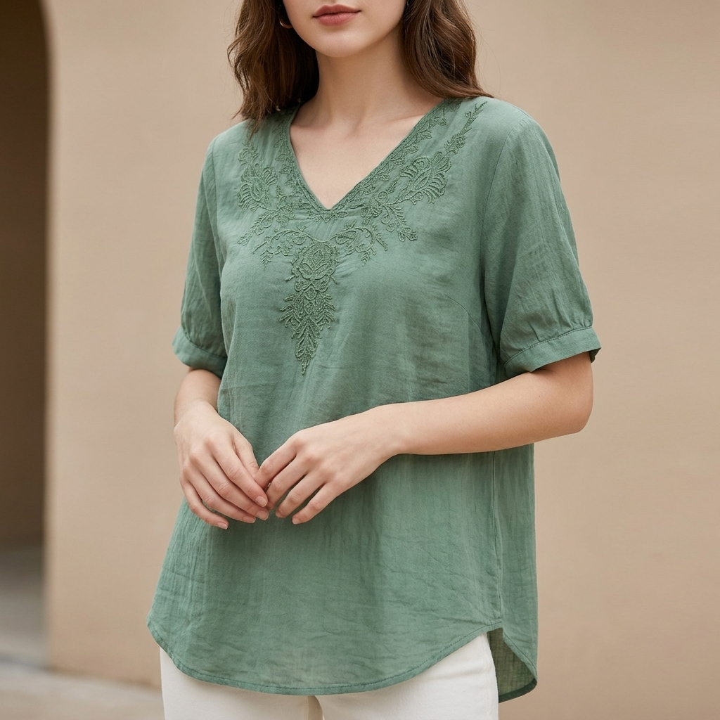 Duttini | Graceful Embroidered V-Neck Blouse With Textured High-Low Hem And Soft Draping