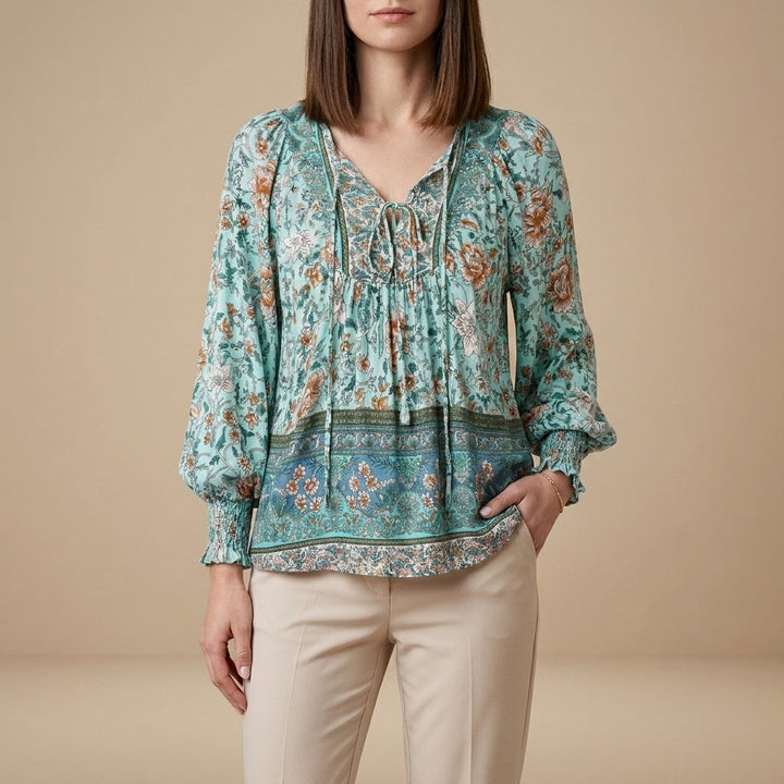 Duttini | Flowing Bohemian Floral Patchwork Peasant Blouse With Tassel Tie Neck
