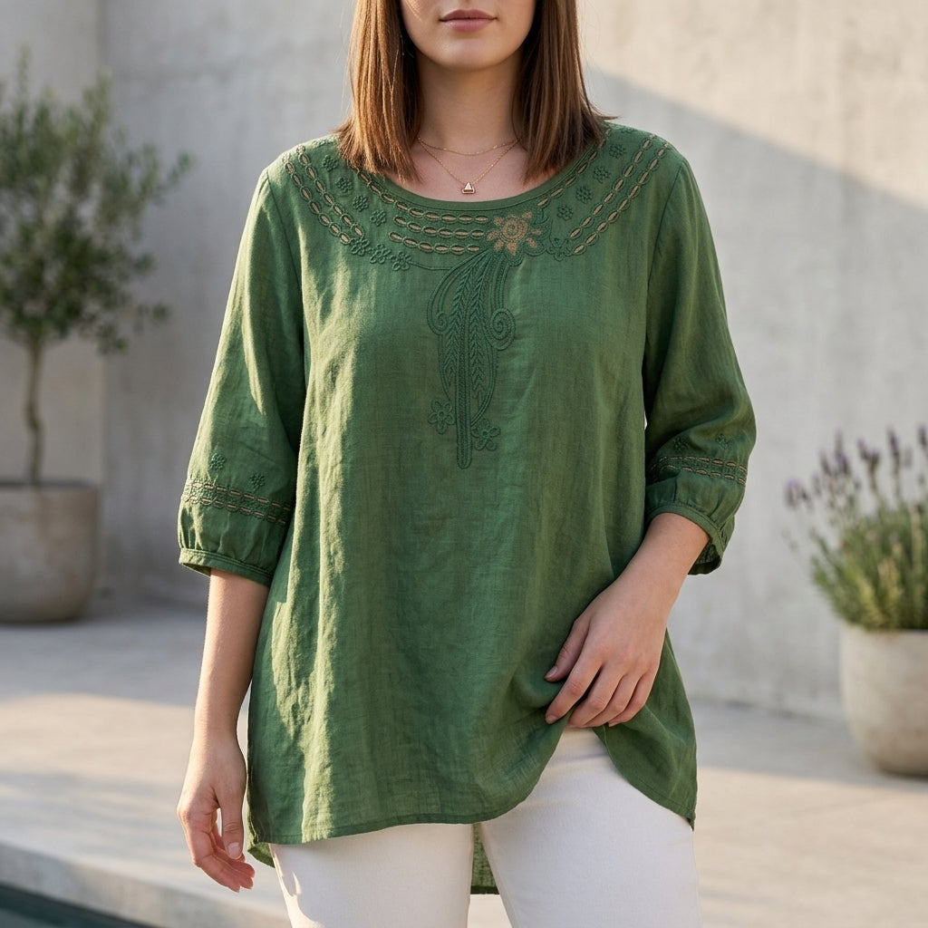 Duttini | Sculpted Bohemian-Inspired Relaxed Blouse With Eyelet Embroidery And 3/4 Sleeves