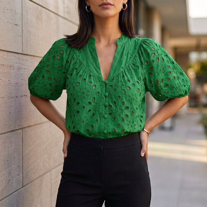 Duttini | Sophisticated Embroidered V-Neck Blouse With Voluminous Lantern Sleeves And Eyelet Detail