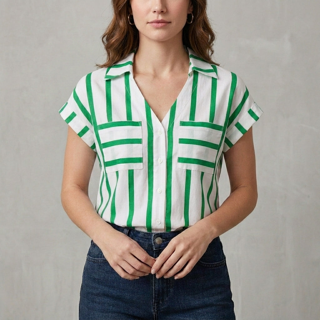Duttini | Timeless Harbor Breeze Striped Relaxed Button-Front Blouse