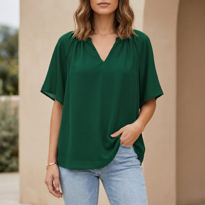 Duttini | Sculpted Relaxed V-Neck Blouse With Gathered Neckline And Flutter Sleeves