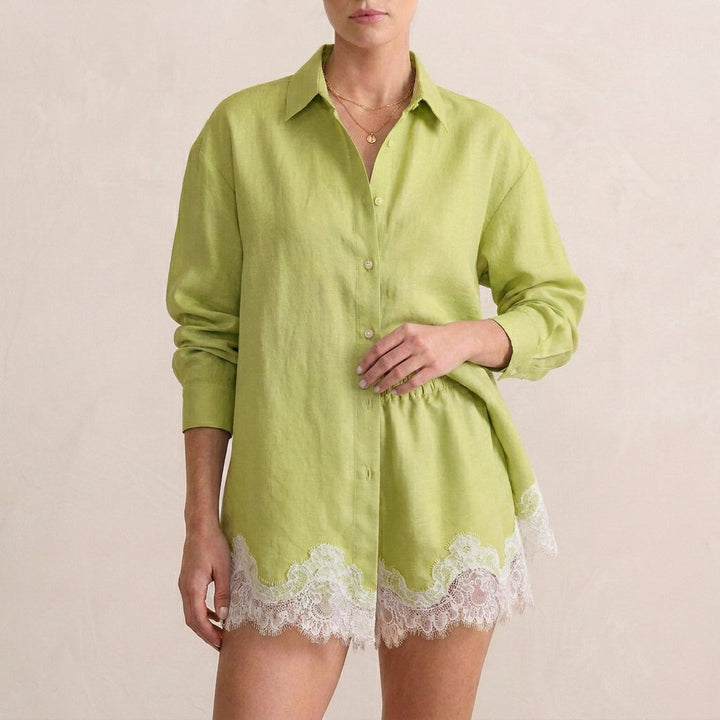 Duttini | Sculpted Relaxed Lace-Trimmed Two-Piece Shirt And Shorts Set With Classic Collar