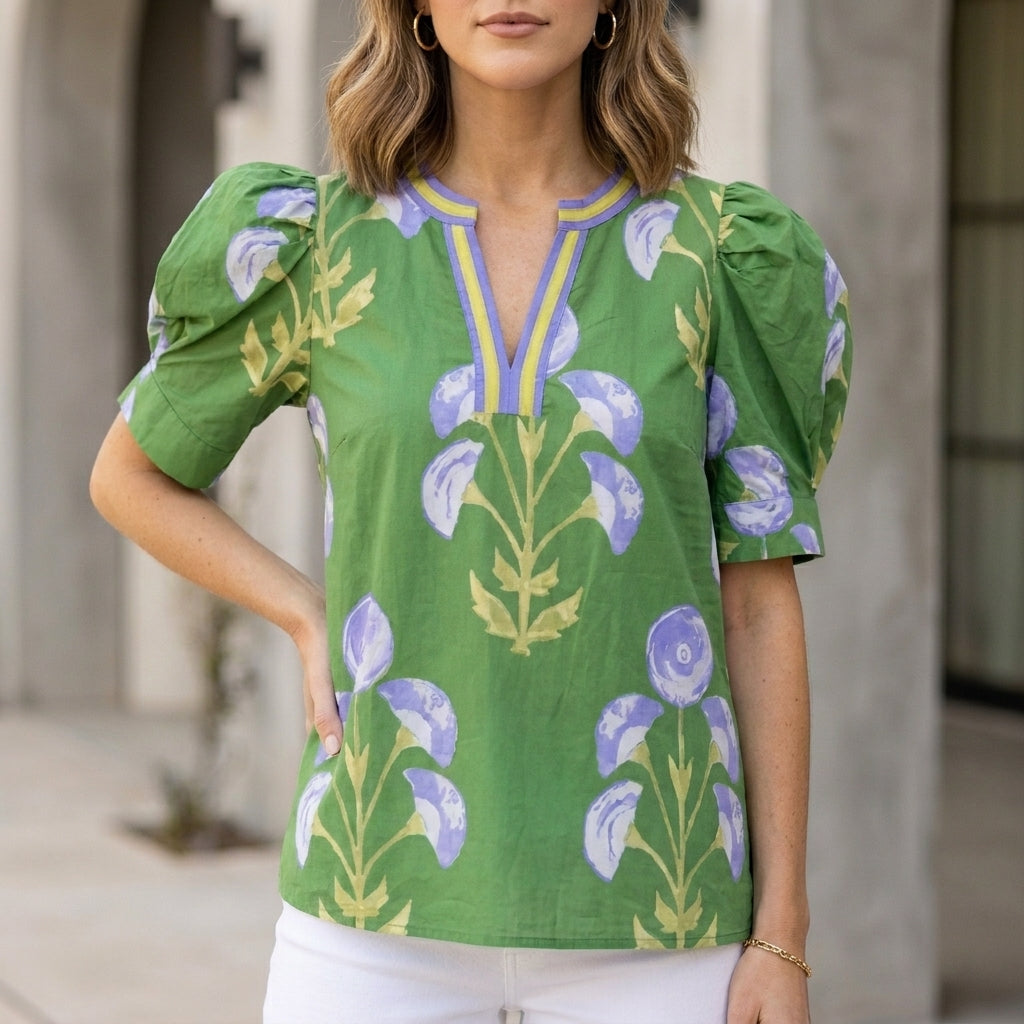 Duttini | Timeless Structured Woven V-Neck Blouse With Botanical Print And Puff Sleeves
