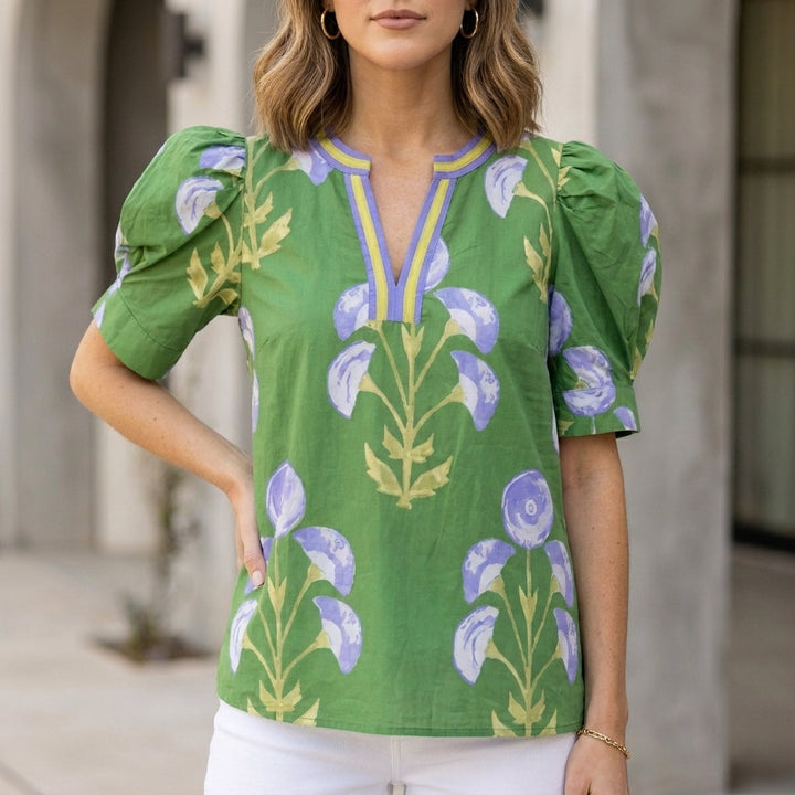 Duttini | Timeless Structured Woven V-Neck Blouse With Botanical Print And Puff Sleeves