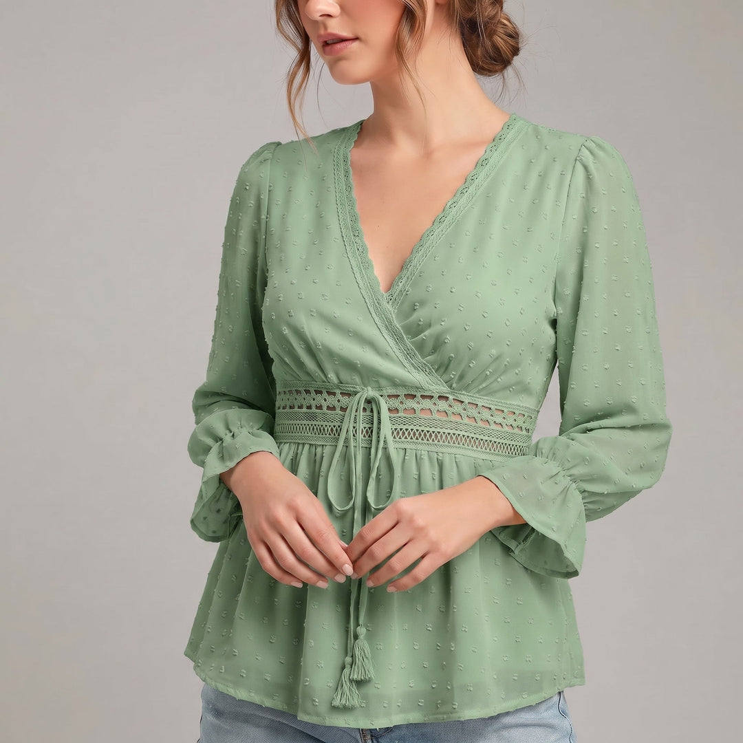 Duttini | Romantic V-Neck Wrap Blouse With Lace Detailing And Ruffled Sleeves