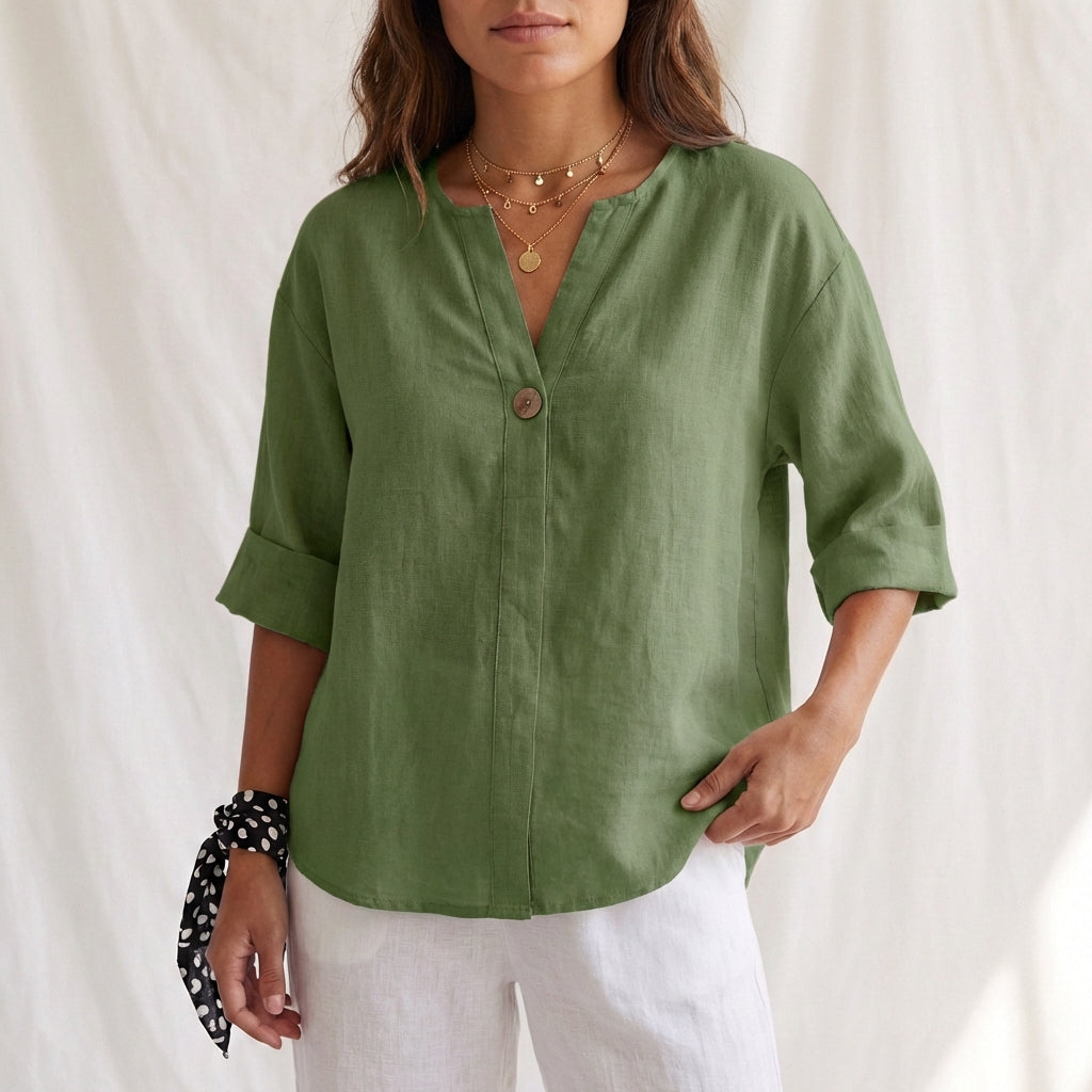 Duttini | Flowing Cotton Linen V-Neck Blouse With Button Front And Cuffed Sleeves