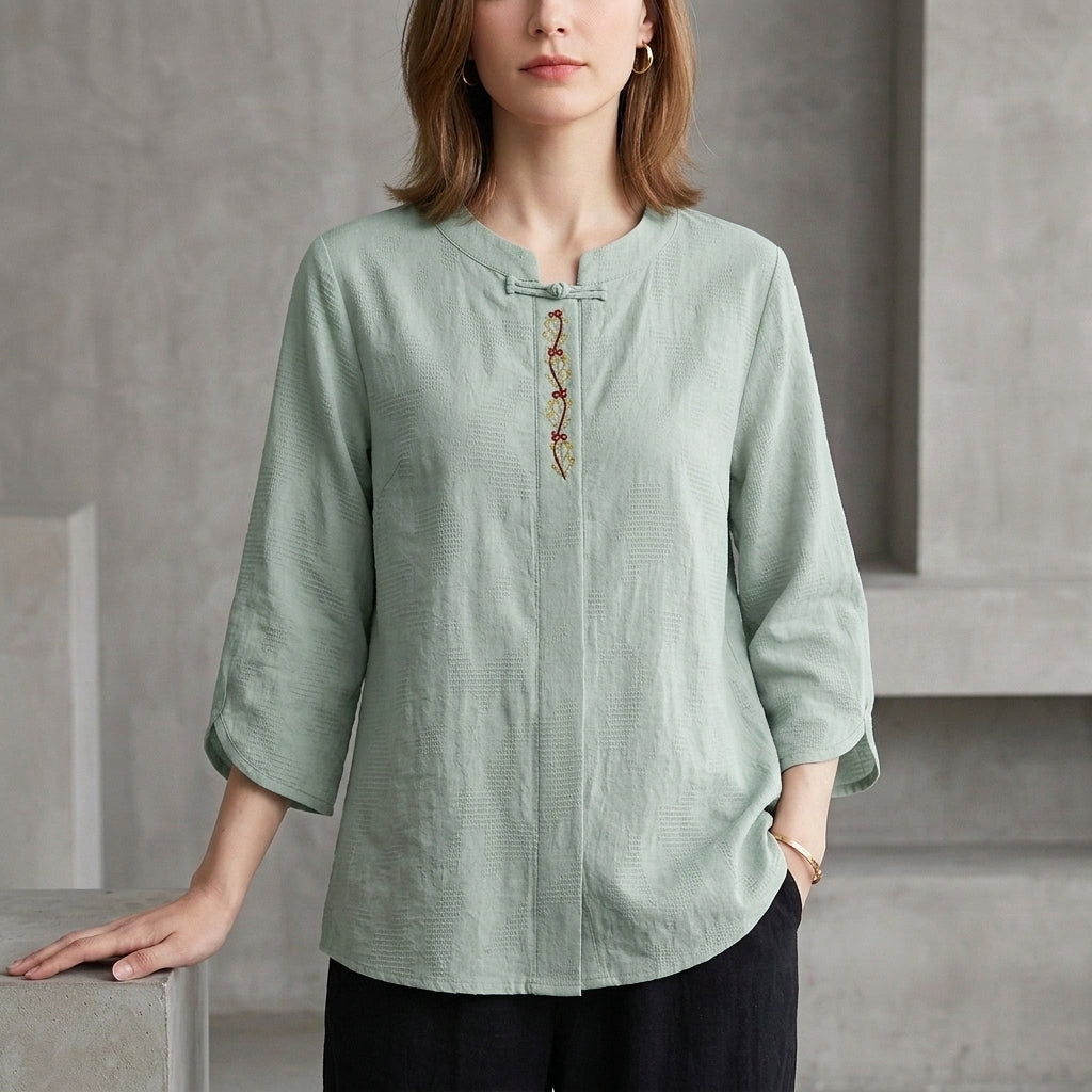 Duttini | Feminine Bohemian Embroidered Blouse With Relaxed Fit And Tassel Tie Detail