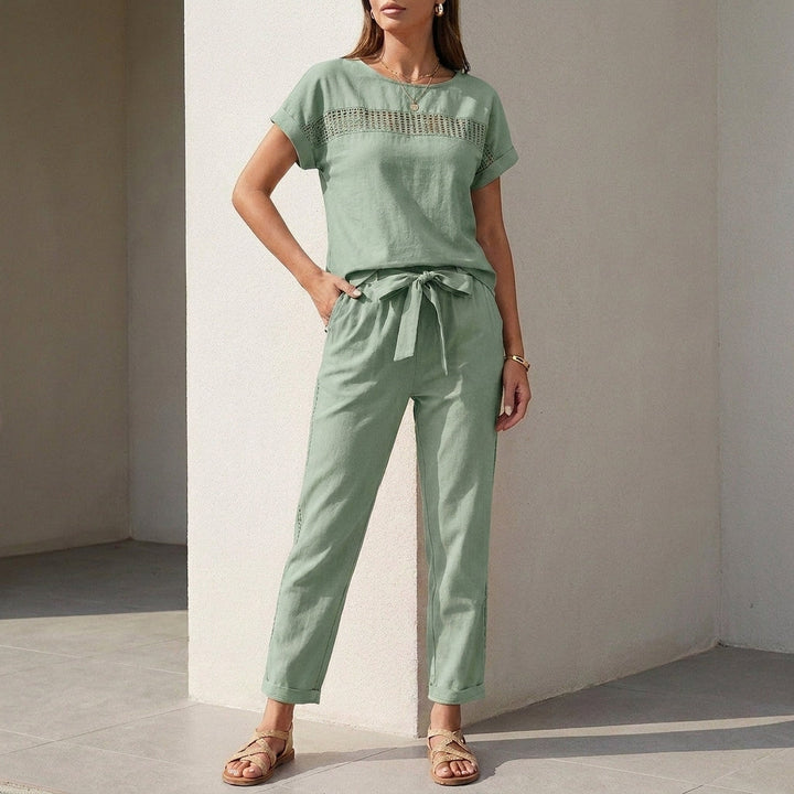 Duttini | Lightweight Woven Two-Piece Set With Mesh Accents And Self-Tie Waist