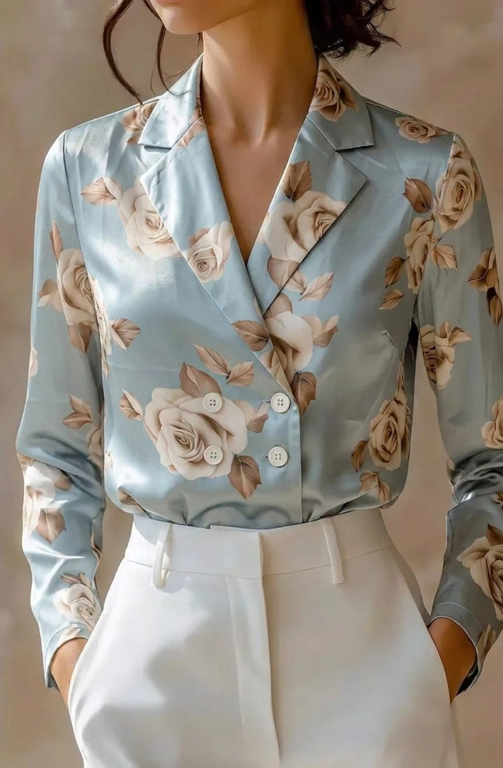 Duttini | Flowing Tailored Satin Double-Breasted Blouse With Notched Lapels And Floral Print