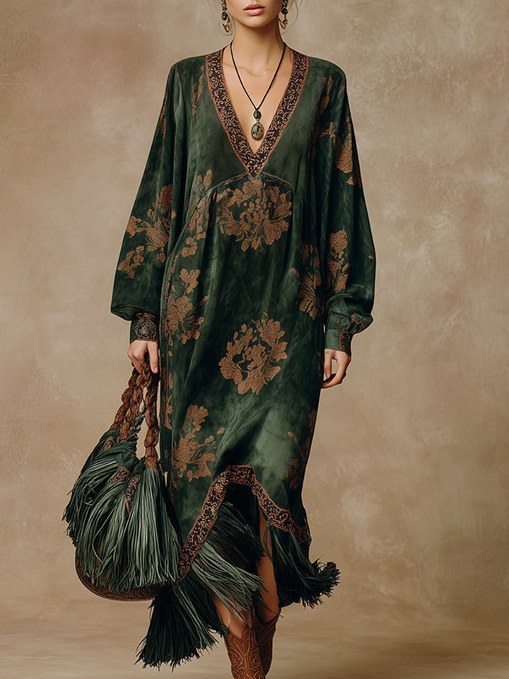 Duttini | Green Faux Suede Tassel Dress