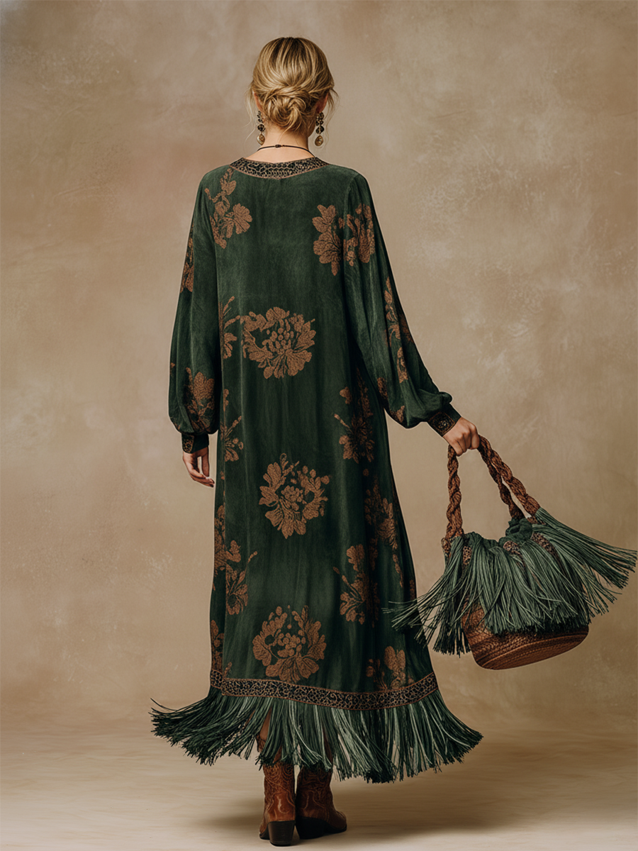 Duttini | Green Faux Suede Tassel Dress