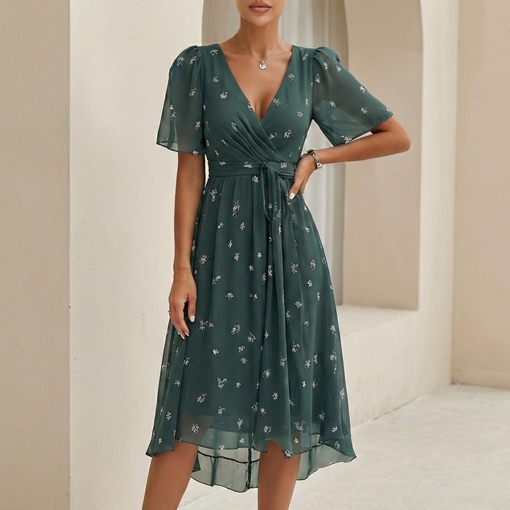 Duttini | Effortless Sofia Amoretti Flowing Chiffon Wrap Midi Dress With Tie Waist