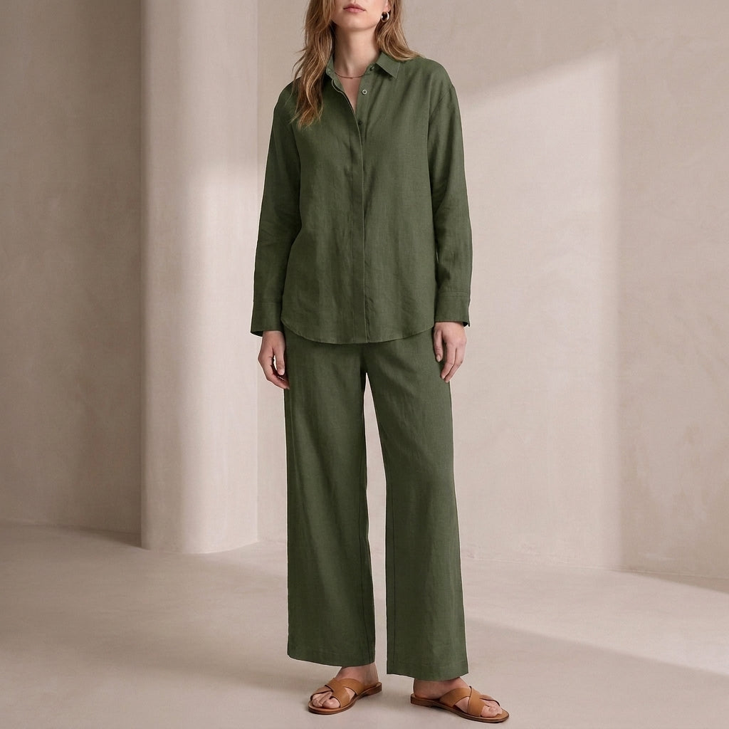 Duttini | Flowing Relaxed Two-Piece Woven Shirt And Wide-Leg Trousers Set