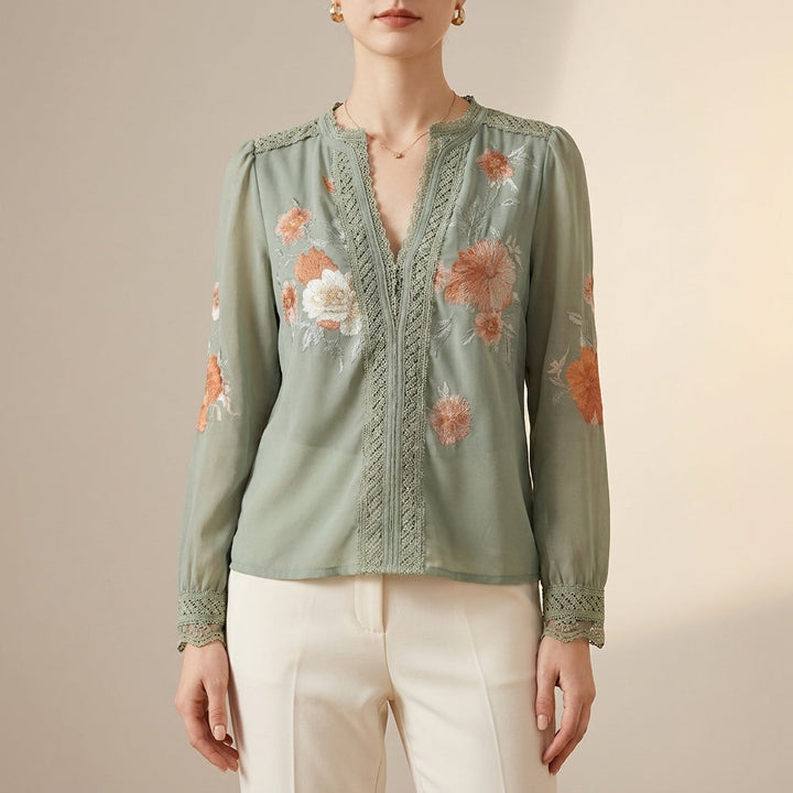 Duttini | Flowing V-Neck Floral Blouse With Delicate Lace Trim And Sheer Sleeves