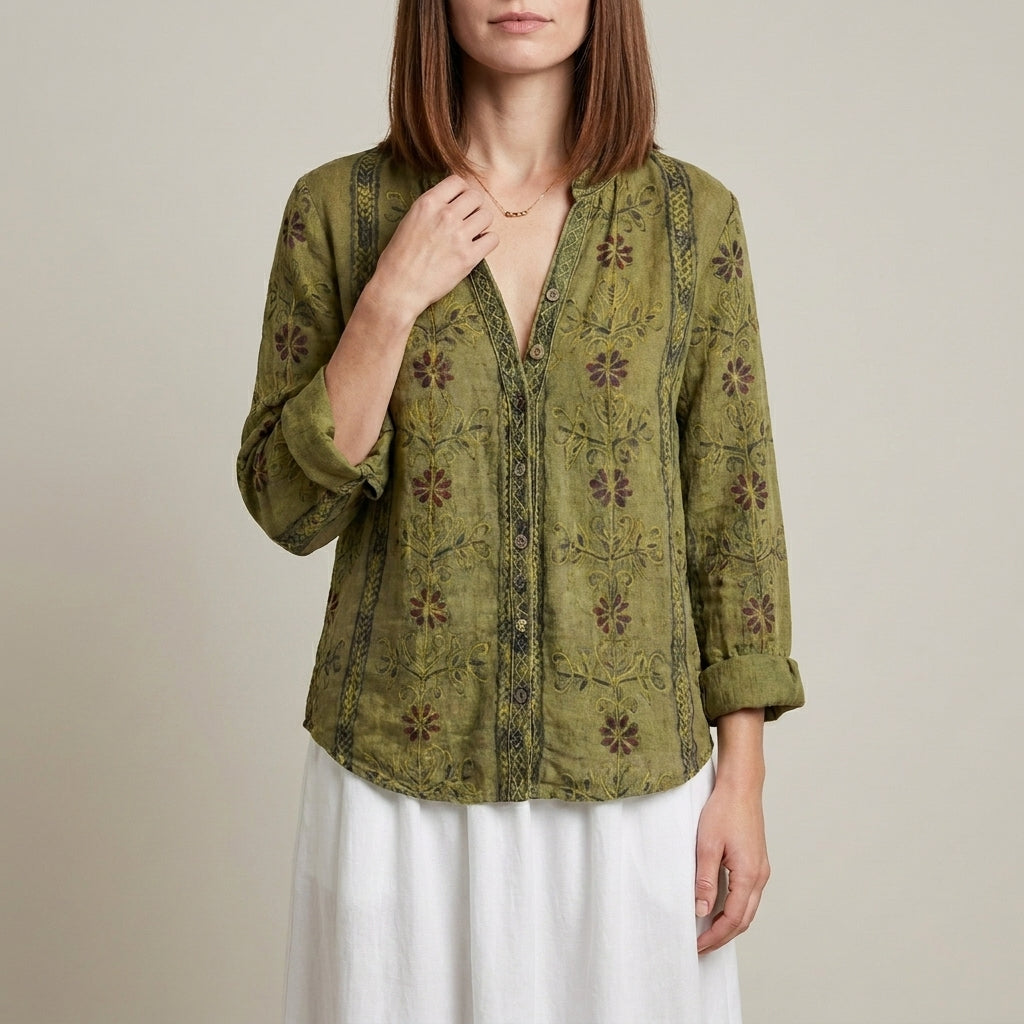 Duttini | Sophisticated Botanical Print Relaxed Blouse With Embroidered V-Neck Detail