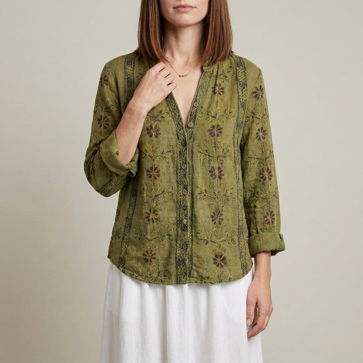 Duttini | Sophisticated Botanical Print Relaxed Blouse With Embroidered V-Neck Detail