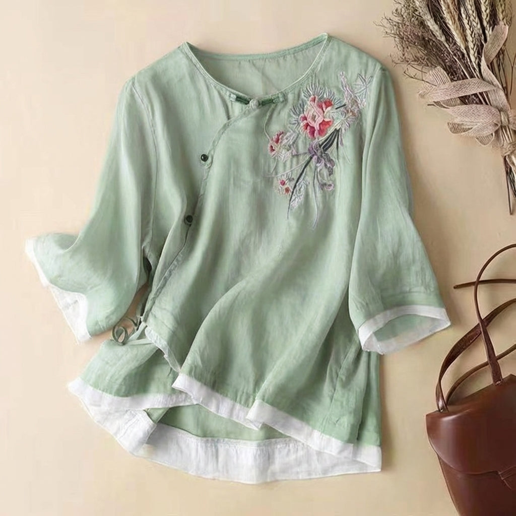 Duttini | Feminine Embroidered Artisan Kimono-Style Linen Blend Blouse