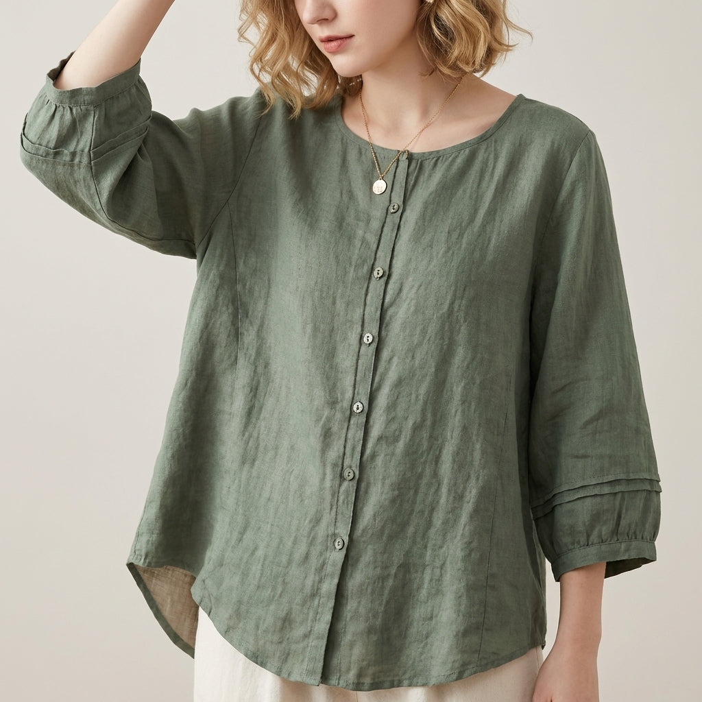 Duttini | Modern Relaxed 3/4 Sleeve Woven Button-Down Top With Pintuck Detailing