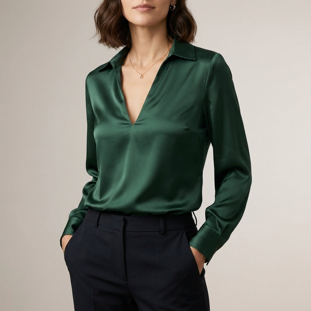 Duttini | Effortless Tailored V-Neck Blouse With Spread Collar And Lustrous Finish