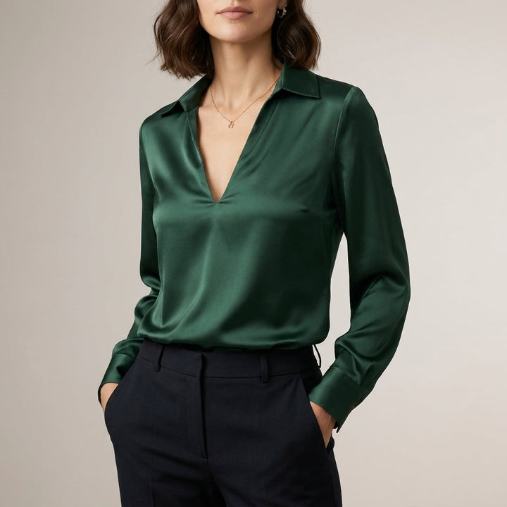 Duttini | Effortless Tailored V-Neck Blouse With Spread Collar And Lustrous Finish