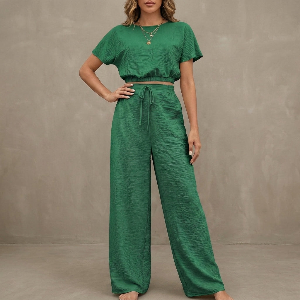 Duttini | Timeless Coastal Breeze Textured Two-Piece Lounge Set With Wide-Leg Pants